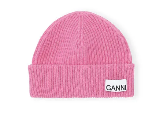 Accessories GANNI Hats Pink Fitted Wool Rib Knit Beanie Cone Flower
