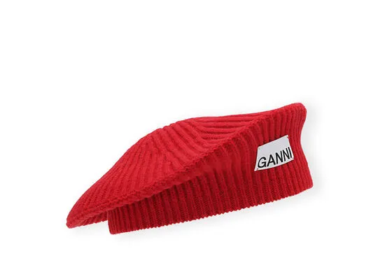 Accessories GANNI Hats Red Wool Rib Knit Beret Racing Red
