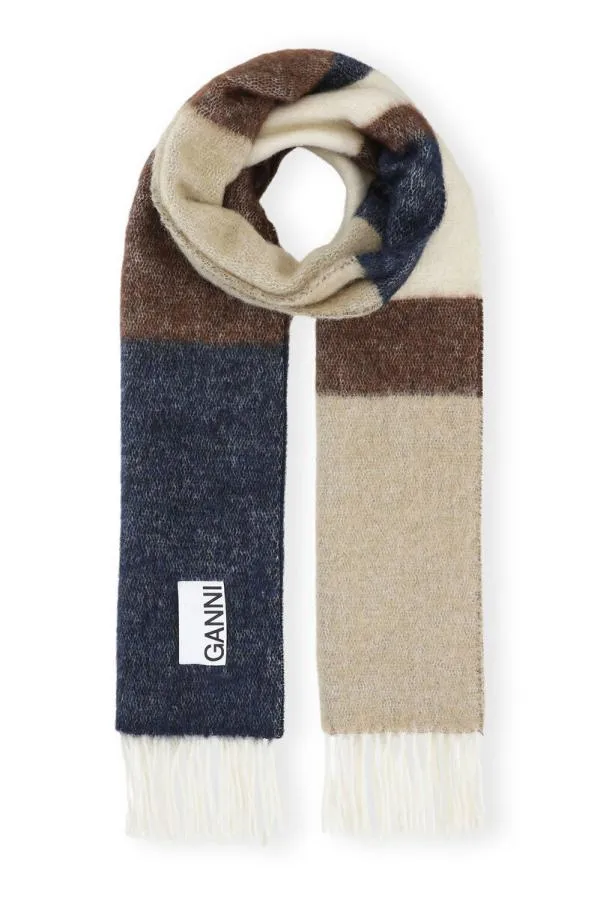 Accessories GANNI Scarves Striped Khaki Fringed Scarf Pale Khaki