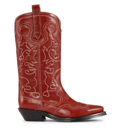 AccessoriesShoes GANNI Boots Red Mid Shaft Embroidered Western Boots Barbados Cherry