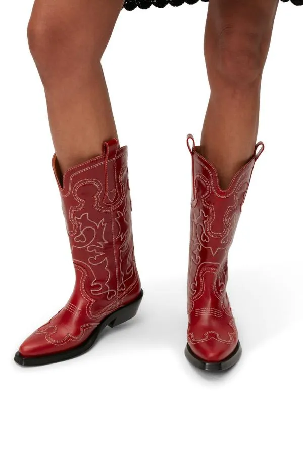 AccessoriesShoes GANNI Boots Red Mid Shaft Embroidered Western Boots Barbados Cherry AccessoriesShoes GANNI Boots Red Mid Shaft Embroidered Western Boots Barbados Cherry