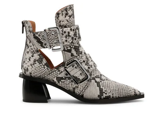 AccessoriesShoes GANNI Buckle Shoes Snake Printed Chunky Buckle Open Cut Boots Sand