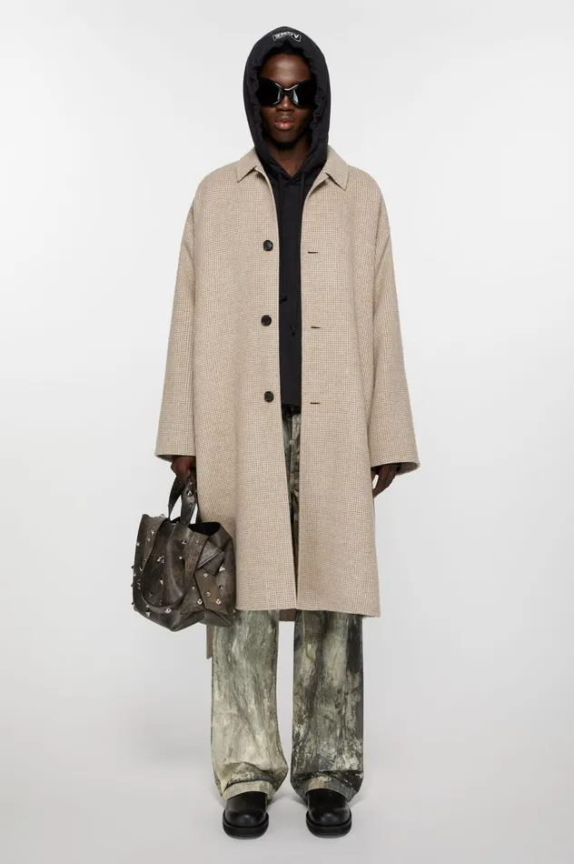 Acne Studios Houndstooth Belted Coat Mahogany Brownivory White Men Outerwear