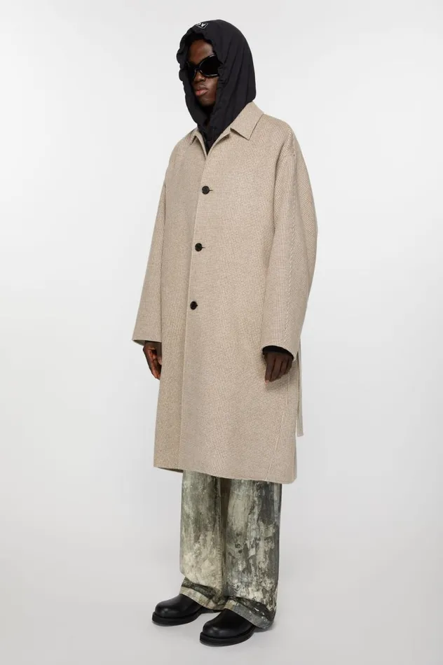 Acne Studios Houndstooth Belted Coat Mahogany Brownivory White Men Outerwear