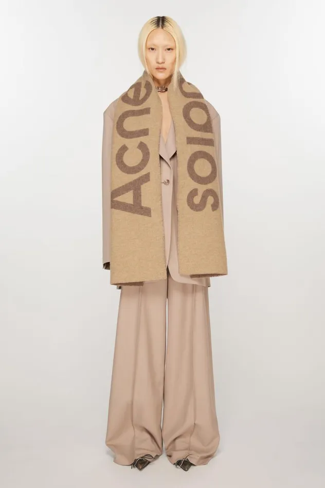 Acne Studios Logo Jacquard Scarf 8211 Narrow Camel Brown Women Scarves