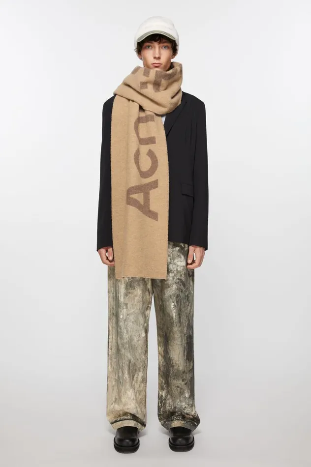 Acne Studios Logo Jacquard Scarf 8211 Narrow Camel Brown Women Scarves