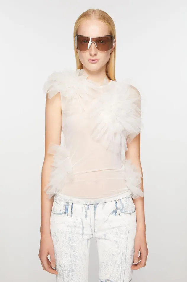 Acne Studios Mesh Ruffle Tank Top White Women Shirts and Blouses