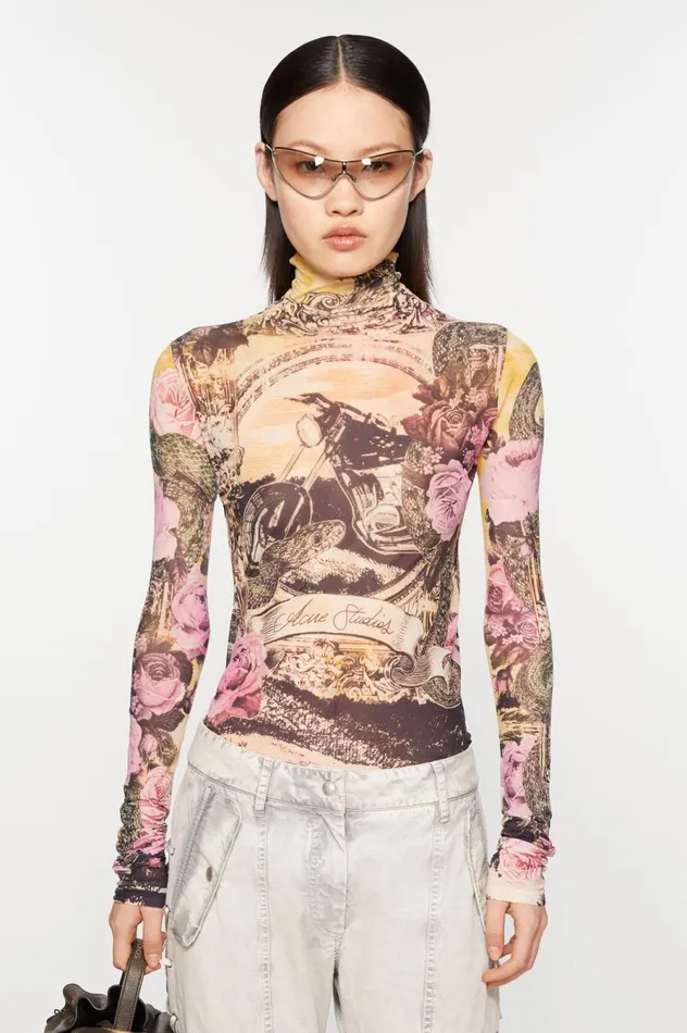 Acne Studios Printed Seamless Tshirt Pink Multicolor Women Tshirts