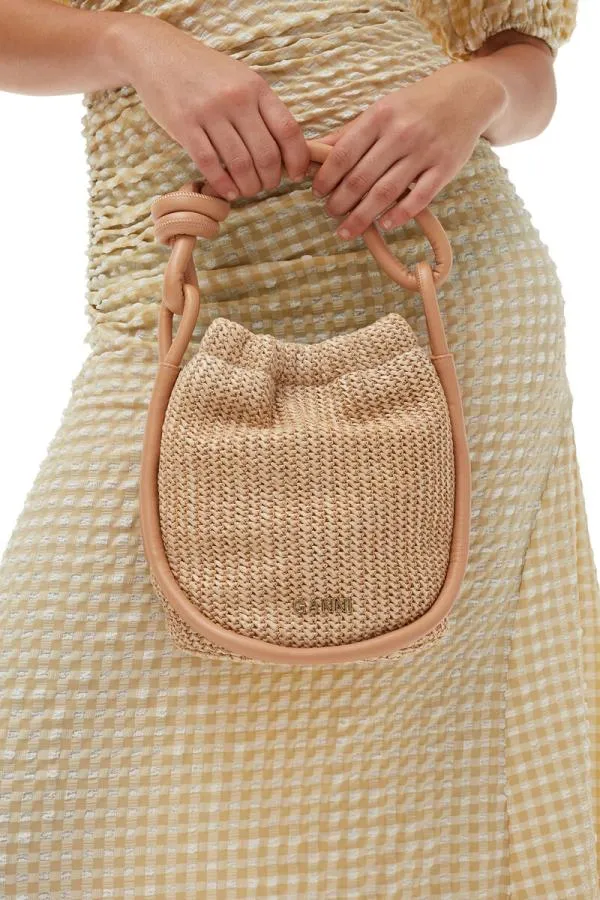 Bags GANNI Top Handle Small Knot Bucket Raffia Bag Tan Bags GANNI Top Handle Small Knot Bucket Raffia Bag Tan