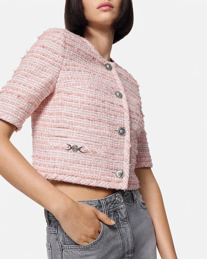Blazer and Jackets Women Versace Tweed Cardigan Jacket Light Pink