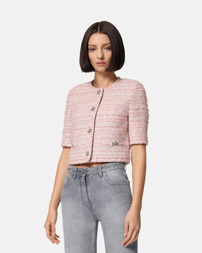 Blazer and Jackets Women Versace Tweed Cardigan Jacket Light Pink