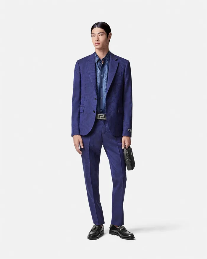 Blazers and Suits Men Versace Barocco Jacquard Wool Pants Blue