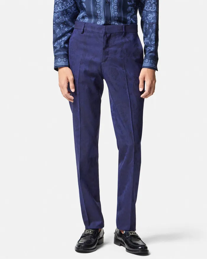 Blazers and Suits Men Versace Barocco Jacquard Wool Pants Blue