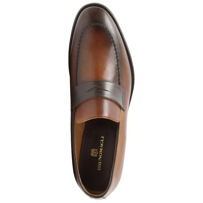 Bruno Magli Arezzo Burnished Penny Loafer 8211 CognacDark Brown Men Dress Shoes