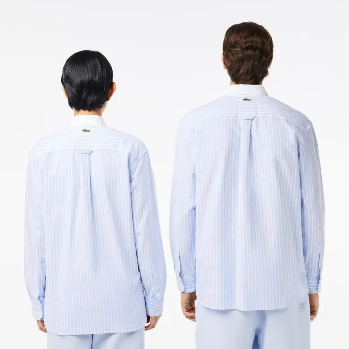 Button Down Shirts Men Lacoste Unisex Striped Contrast Collar Cotton Oxford Shirt Blue White E7b