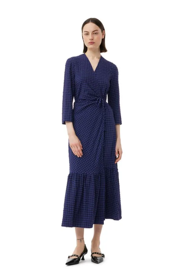 Clothing GANNI Dresses Blue Checkered Seersucker Gathered Midi Wrap Dress Deep Cobalt Clothing GANNI Dresses Blue Checkered Seersucker Gathered Midi Wrap Dress Deep Cobalt