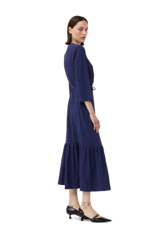 Clothing GANNI Dresses Blue Checkered Seersucker Gathered Midi Wrap Dress Deep Cobalt Clothing GANNI Dresses Blue Checkered Seersucker Gathered Midi Wrap Dress Deep Cobalt
