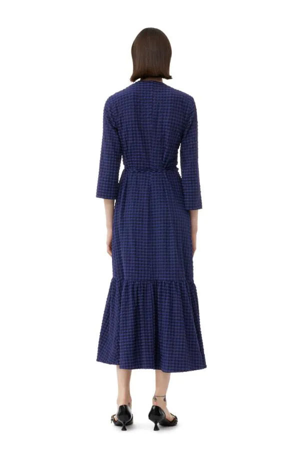 Clothing GANNI Dresses Blue Checkered Seersucker Gathered Midi Wrap Dress Deep Cobalt Clothing GANNI Dresses Blue Checkered Seersucker Gathered Midi Wrap Dress Deep Cobalt