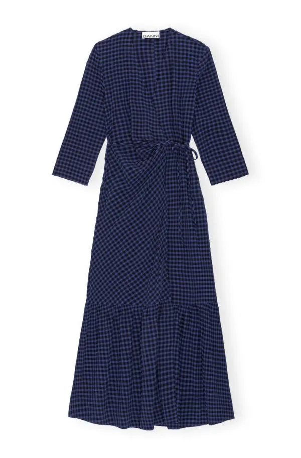Clothing GANNI Dresses Blue Checkered Seersucker Gathered Midi Wrap Dress Deep Cobalt Clothing GANNI Dresses Blue Checkered Seersucker Gathered Midi Wrap Dress Deep Cobalt