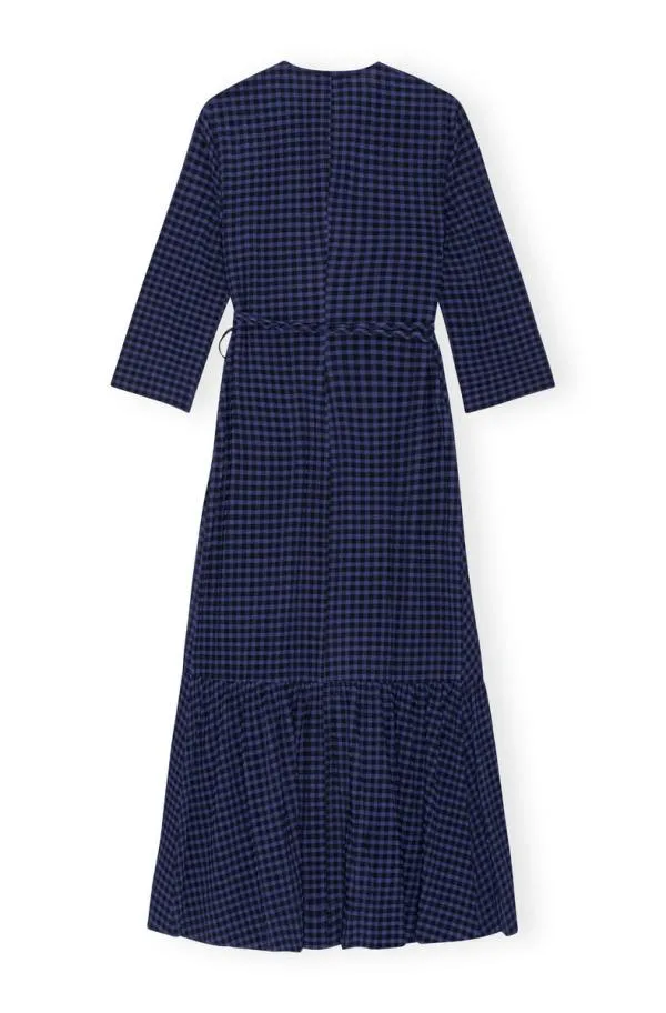 Clothing GANNI Dresses Blue Checkered Seersucker Gathered Midi Wrap Dress Deep Cobalt Clothing GANNI Dresses Blue Checkered Seersucker Gathered Midi Wrap Dress Deep Cobalt