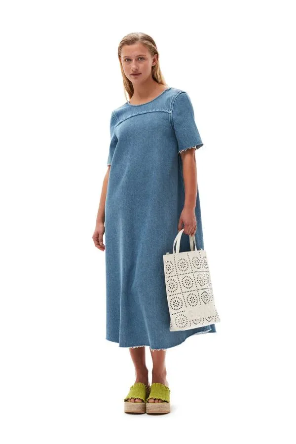 Clothing GANNI Dresses Heavy Denim Aline Midi Dress Light Blue Stone