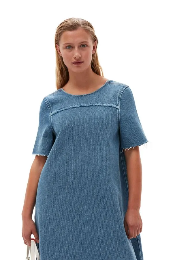 Clothing GANNI Dresses Heavy Denim Aline Midi Dress Light Blue Stone