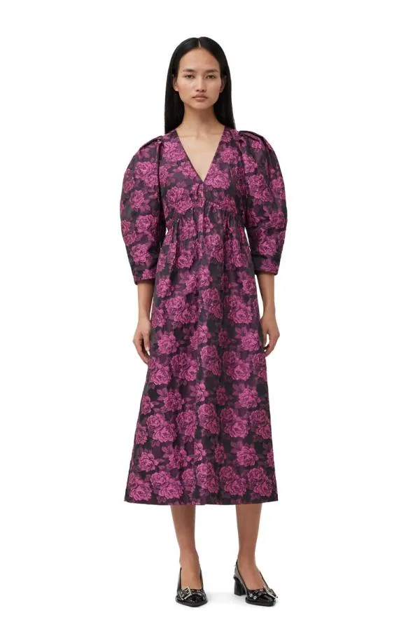 Clothing GANNI Dresses Pink Botanical Jacquard Vneck Midi Dress Cone Flower