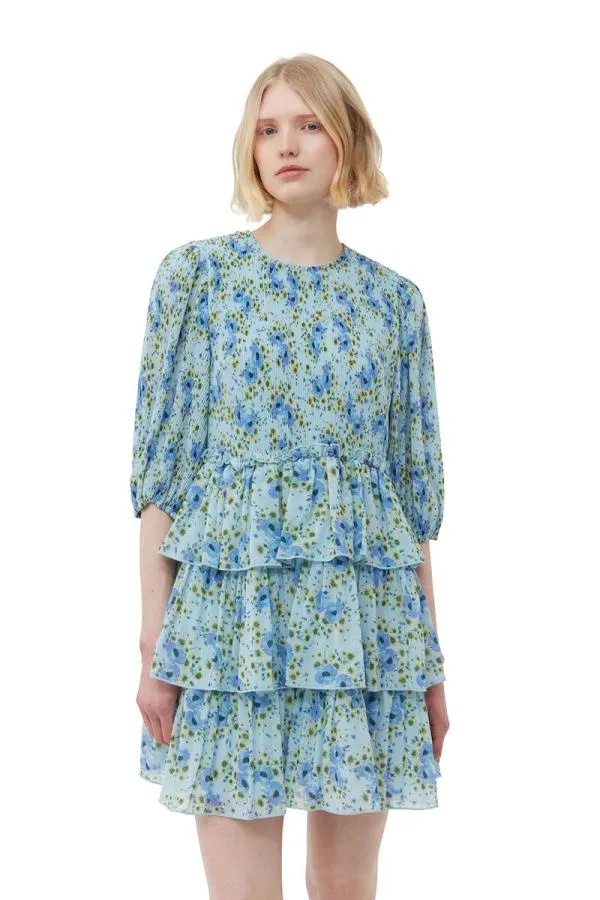 Clothing GANNI Dresses Pleated Georgette Mini Dress Ice Water Clothing GANNI Dresses Pleated Georgette Mini Dress Ice Water