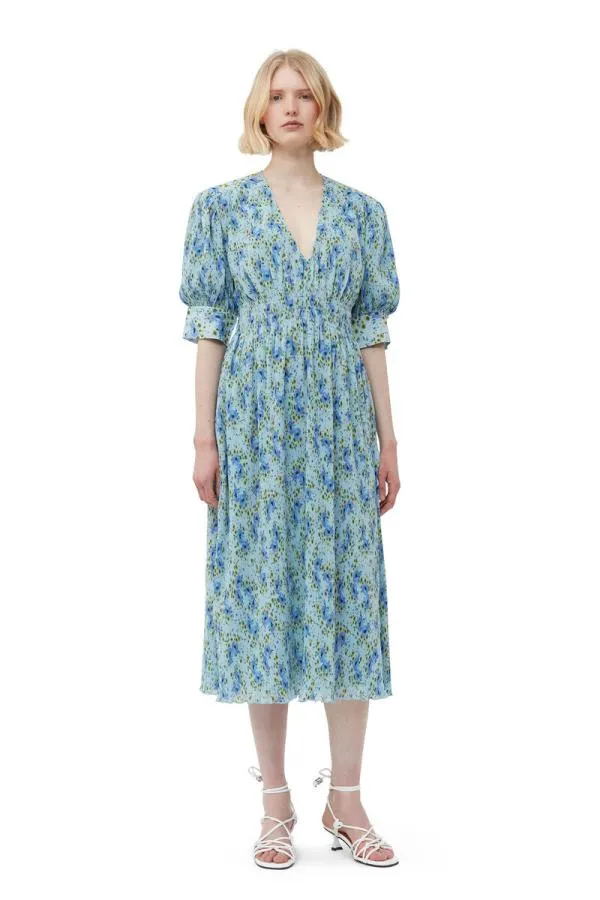 Clothing GANNI Dresses Pleated Georgette Vneck Smock Midi Dress Ice Water