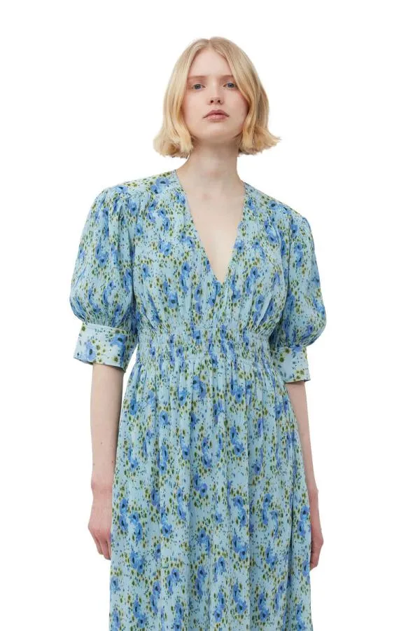 Clothing GANNI Dresses Pleated Georgette Vneck Smock Midi Dress Ice Water Clothing GANNI Dresses Pleated Georgette Vneck Smock Midi Dress Ice Water
