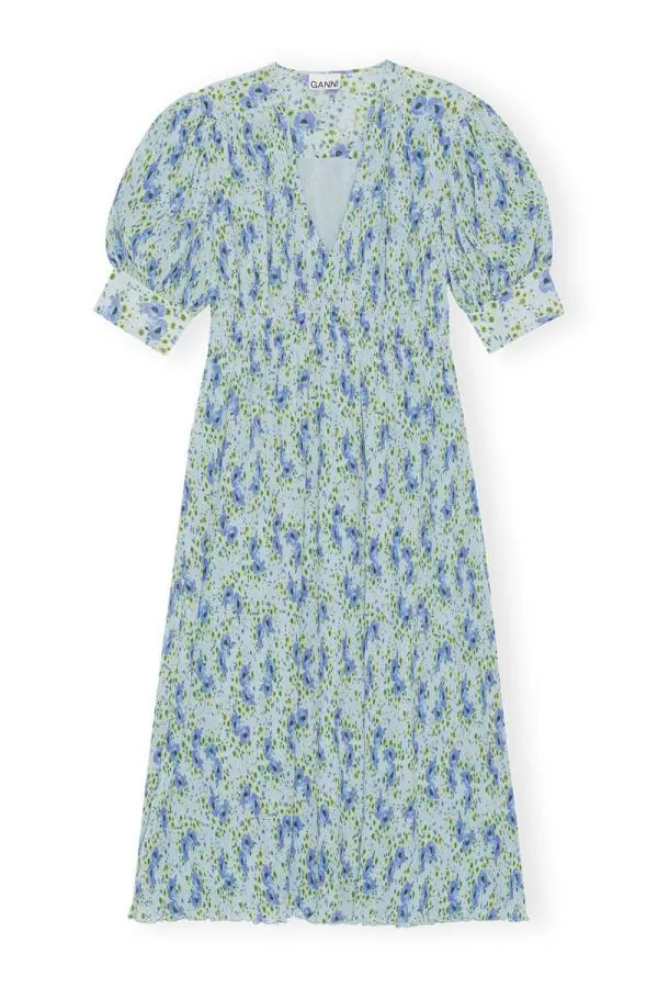 Clothing GANNI Dresses Pleated Georgette Vneck Smock Midi Dress Ice Water Clothing GANNI Dresses Pleated Georgette Vneck Smock Midi Dress Ice Water