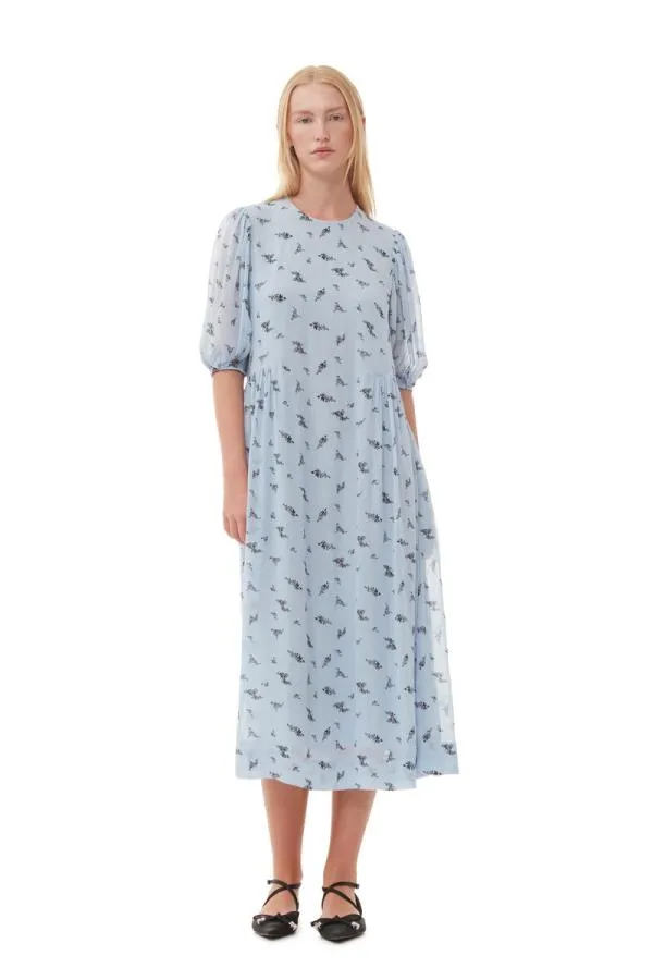Clothing GANNI Dresses Printed Georgette Puff Sleeve Midi Dress Brunnera Blue