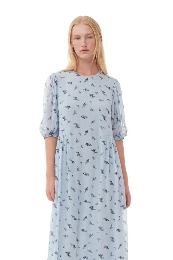 Clothing GANNI Dresses Printed Georgette Puff Sleeve Midi Dress Brunnera Blue