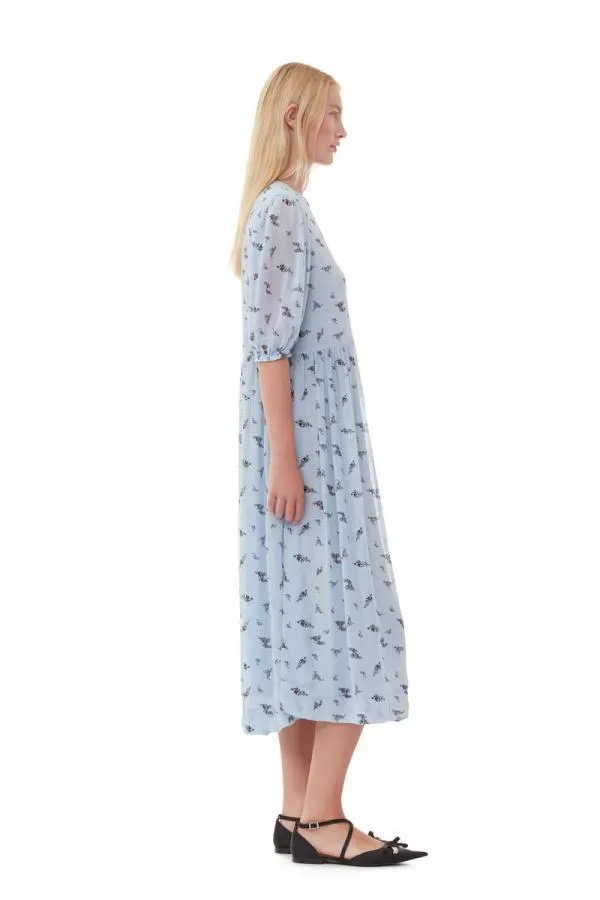 Clothing GANNI Dresses Printed Georgette Puff Sleeve Midi Dress Brunnera Blue