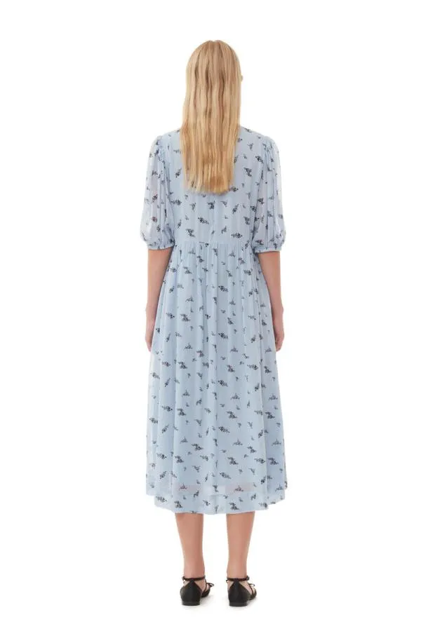 Clothing GANNI Dresses Printed Georgette Puff Sleeve Midi Dress Brunnera Blue