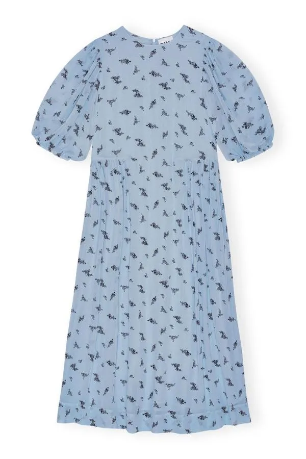Clothing GANNI Dresses Printed Georgette Puff Sleeve Midi Dress Brunnera Blue