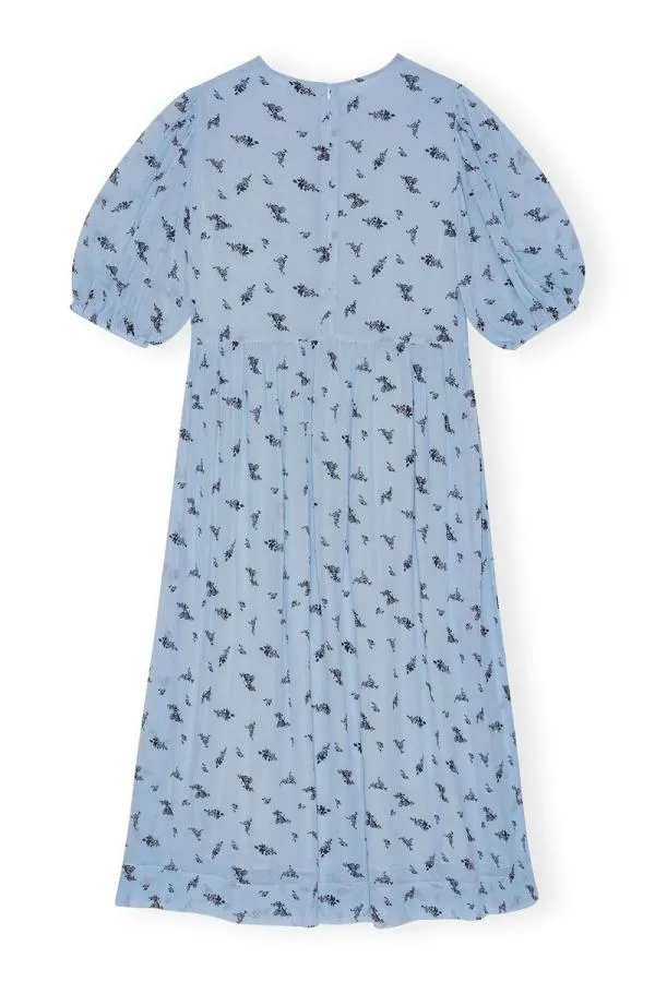 Clothing GANNI Dresses Printed Georgette Puff Sleeve Midi Dress Brunnera Blue