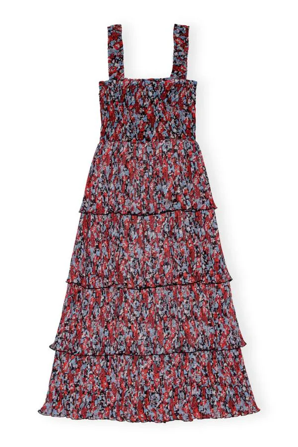 Clothing GANNI Dresses Red Pleated Georgette Flounce Smock Midi Dress High Risk Red Clothing GANNI Dresses Red Pleated Georgette Flounce Smock Midi Dress High Risk Red