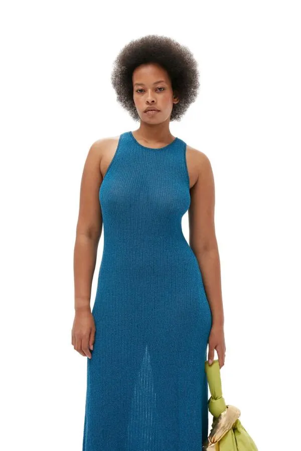 Clothing GANNI Dresses Sparkle Rib Open Back Dress Brilliant Blue Clothing GANNI Dresses Sparkle Rib Open Back Dress Brilliant Blue