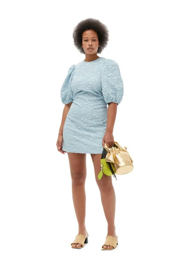 Clothing GANNI Dresses Stretch Jacquard Puff Sleeves Mini Dress Sky Blue Clothing GANNI Dresses Stretch Jacquard Puff Sleeves Mini Dress Sky Blue