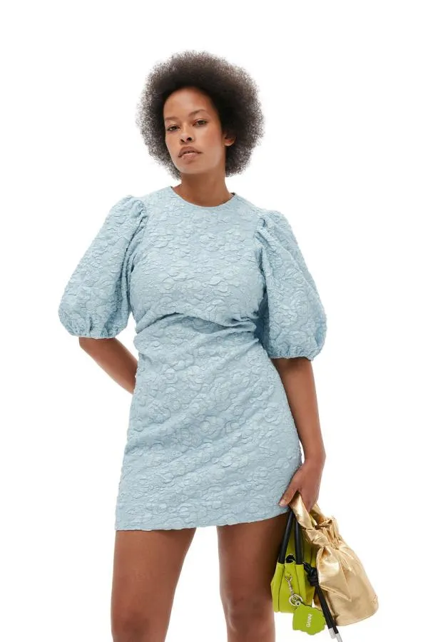 Clothing GANNI Dresses Stretch Jacquard Puff Sleeves Mini Dress Sky Blue Clothing GANNI Dresses Stretch Jacquard Puff Sleeves Mini Dress Sky Blue