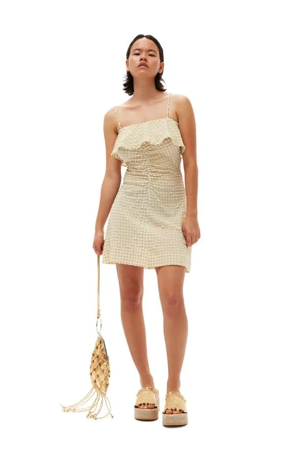 Clothing GANNI Dresses Stretch Seersucker Strap Mini Dress Pale Khaki Clothing GANNI Dresses Stretch Seersucker Strap Mini Dress Pale Khaki