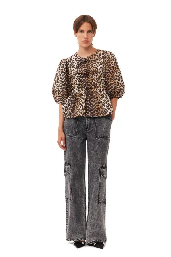 Clothing GANNI Extended Sizes Leopard Cotton Poplin Blouse Leopard