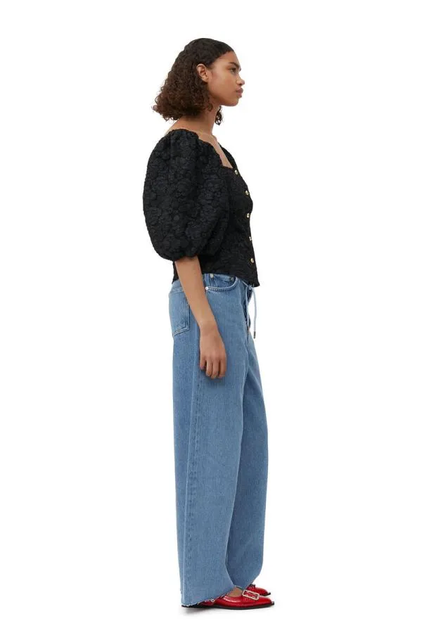 Clothing GANNI Extended Sizes Stretch Jacquard Fitted Blouse Black Clothing GANNI Extended Sizes Stretch Jacquard Fitted Blouse Black