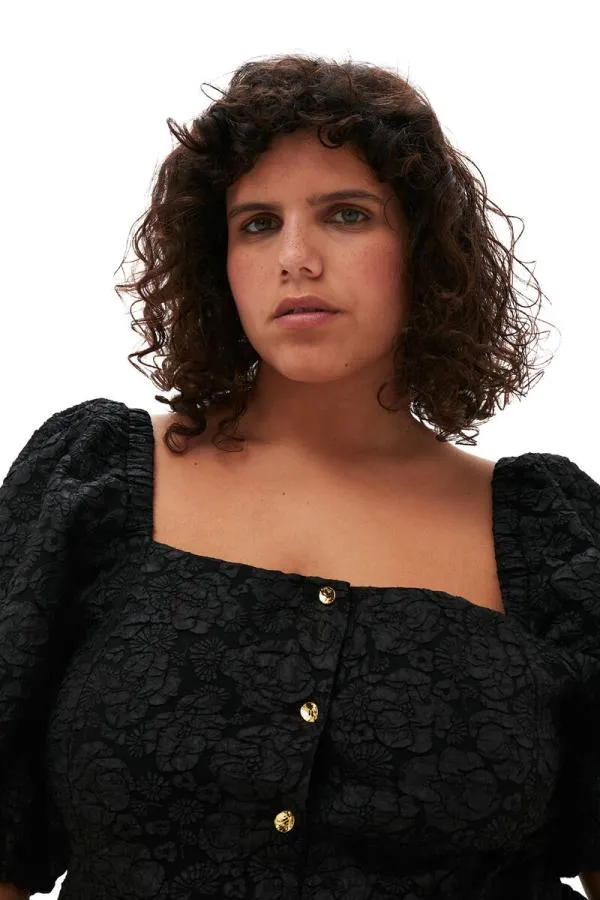 Clothing GANNI Extended Sizes Stretch Jacquard Fitted Blouse Black Clothing GANNI Extended Sizes Stretch Jacquard Fitted Blouse Black