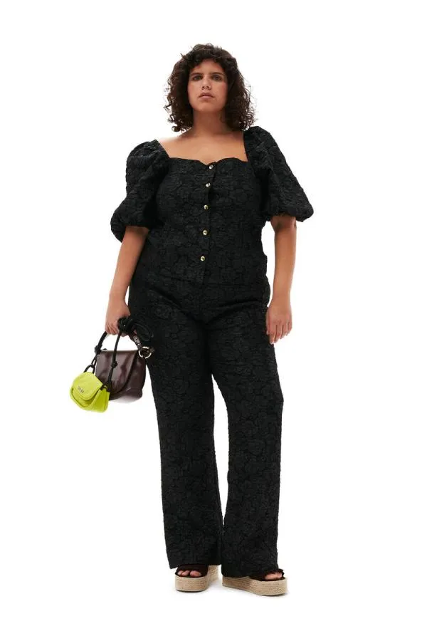 Clothing GANNI Extended Sizes Stretch Jacquard Fitted Blouse Black Clothing GANNI Extended Sizes Stretch Jacquard Fitted Blouse Black