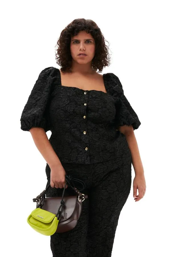 Clothing GANNI Extended Sizes Stretch Jacquard Fitted Blouse Black Clothing GANNI Extended Sizes Stretch Jacquard Fitted Blouse Black