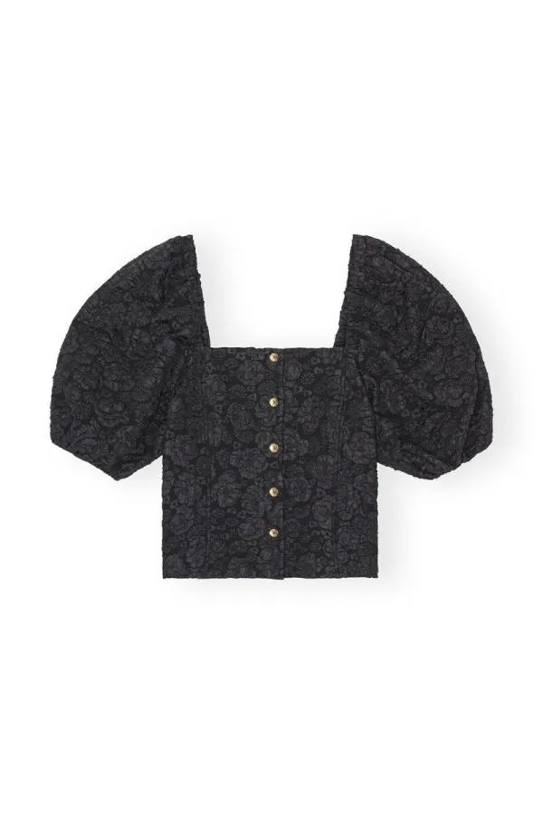 Clothing GANNI Extended Sizes Stretch Jacquard Fitted Blouse Black Clothing GANNI Extended Sizes Stretch Jacquard Fitted Blouse Black