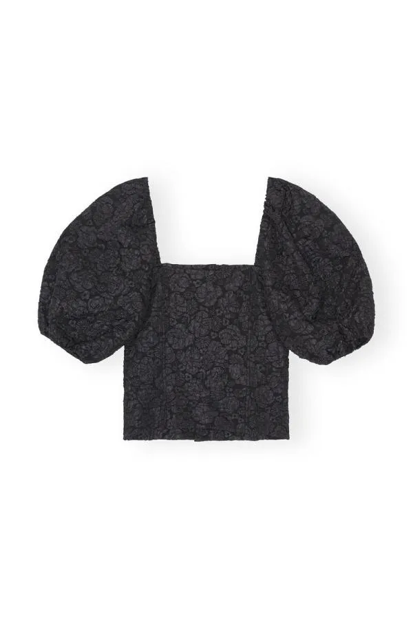 Clothing GANNI Extended Sizes Stretch Jacquard Fitted Blouse Black Clothing GANNI Extended Sizes Stretch Jacquard Fitted Blouse Black