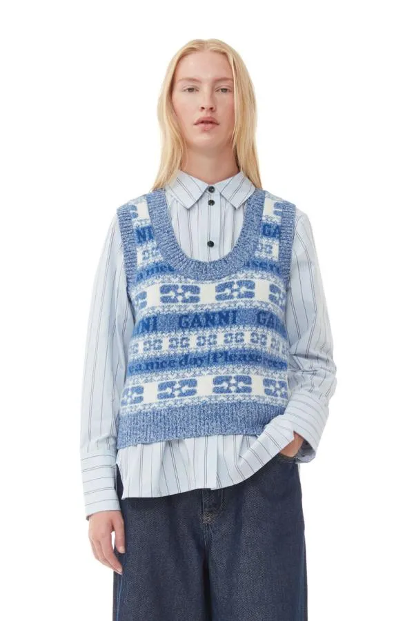 Clothing GANNI Knitwear Recut Logo Wool Mix Vest Silver Lake Blue